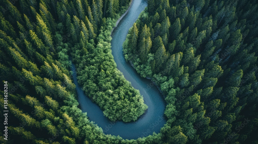 Verdant Embrace: A Curving River Sculpting its Path Through Ancient Forest