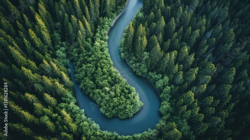 Obraz na płótnie Verdant Embrace: A Curving River Sculpting its Path Through Ancient Forest w salonie