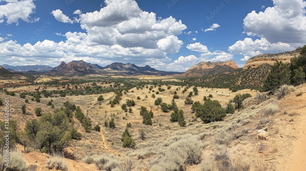 Scenic vista of Zion National Park: dramatic rock formations and cloudscape expanse