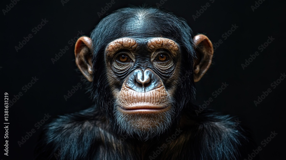Portrait of a chimpanzee’s head set against a dark background, Portrait of a chimpanzee’s head set against a dark background,