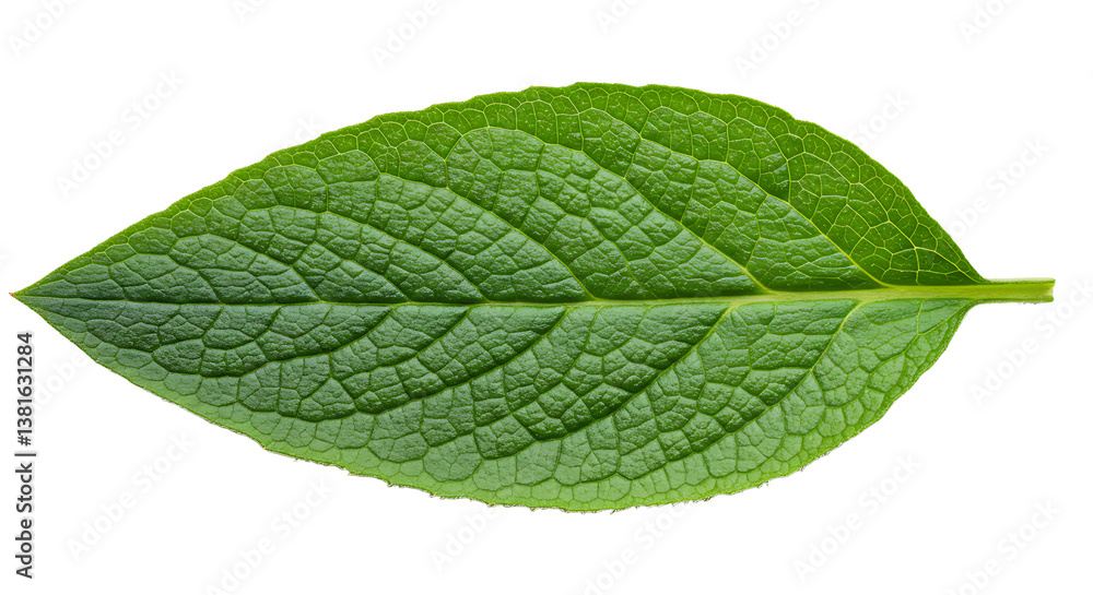 Fototapeta premium Isolated green leaf showing texture on white background for botanical studies