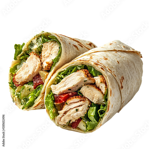 low angle of chicken caesar wrap filled with greens

