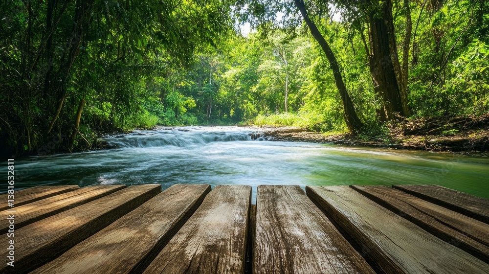 Rustic wooden table with a peaceful river flowing in the background, surrounded by lush green trees generative ai Rustic wooden table with a peaceful river flowing in the background, surrounded by lush green trees generative ai