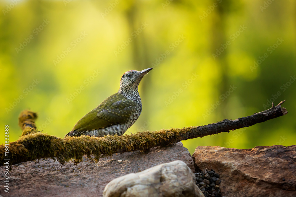 Nice bird Green Woodpecker, Picus viridis, sitting on the tree trunk with nice forest backgound, bird in the nature habitat, Czech republic
