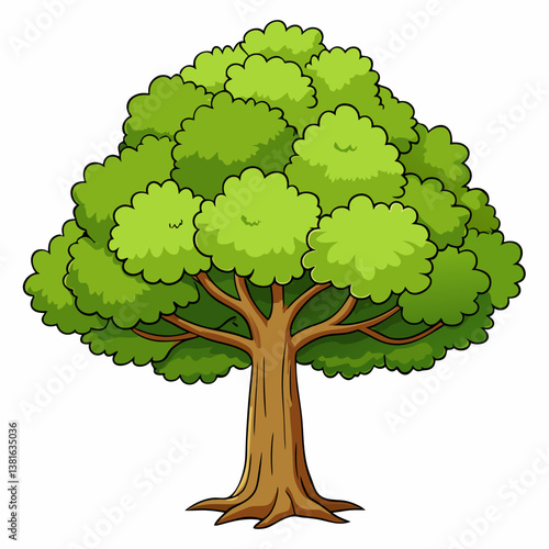 Canvastavla Green Tree Vector Illustration with Leaves and Branches in a Simple Design