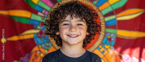 Wallpaper Mural Smiling Caucasian boy with curly hair portrait in front of colorful sunburst backdrop Happy child with joyful expression, concept of childhood, happiness, and positivity Torontodigital.ca