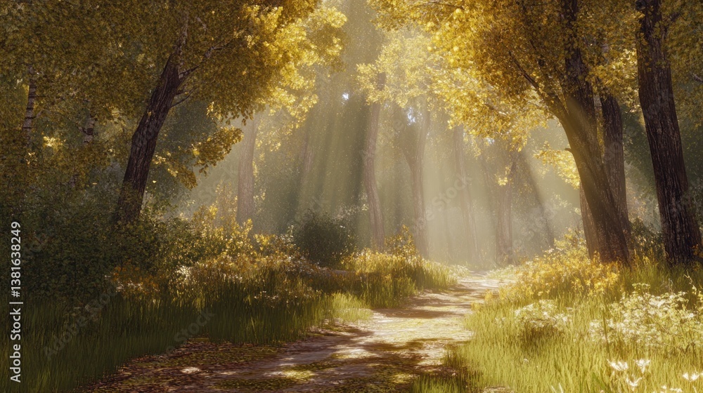 Obraz premium Sunlit path through enchanting golden forest during tranquil autumn morning