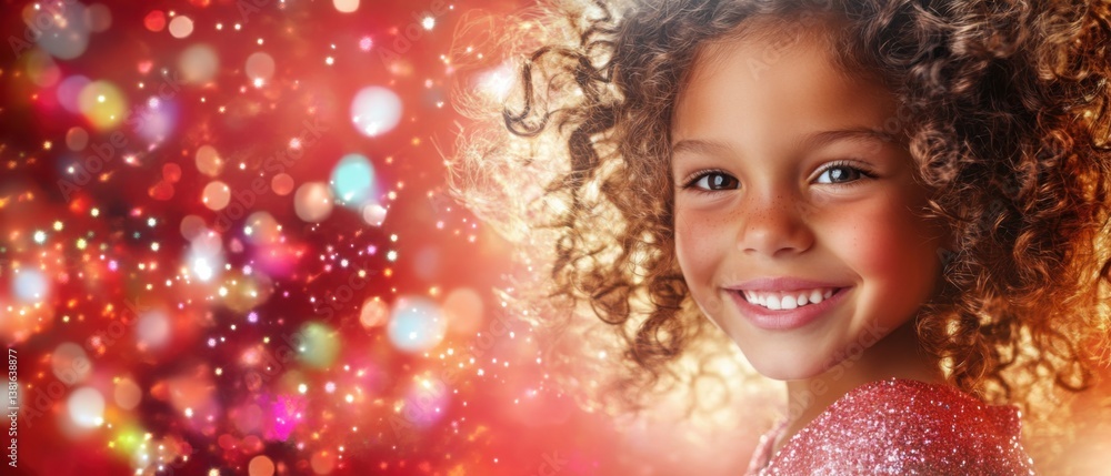 Portrait of a Smiling, Happy, and Joyful African American Girl with Curly Hair in a Festive, Magical, and Dreamy Holiday Setting with Bokeh Lights Portrait of a Smiling, Happy, and Joyful African American Girl with Curly Hair in a Festive, Magical, and Dreamy Holiday Setting with Bokeh Lights