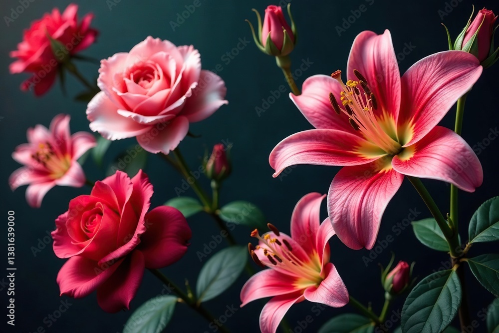 Naklejka premium Intricate blooming roses & lilies, rich jewel tones , rich, pattern, antique