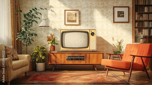 Retro television set placed in a vintage room filled with classic decor and warm ambiance 