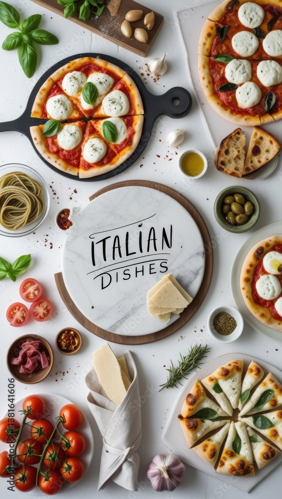 Authentic Italian Food Flat Lay - Wood-Fired Pizza, Handmade Pasta & Herb Focaccia on Clean White Background Authentic Italian Food Flat Lay - Wood-Fired Pizza, Handmade Pasta & Herb Focaccia on Clean White Background