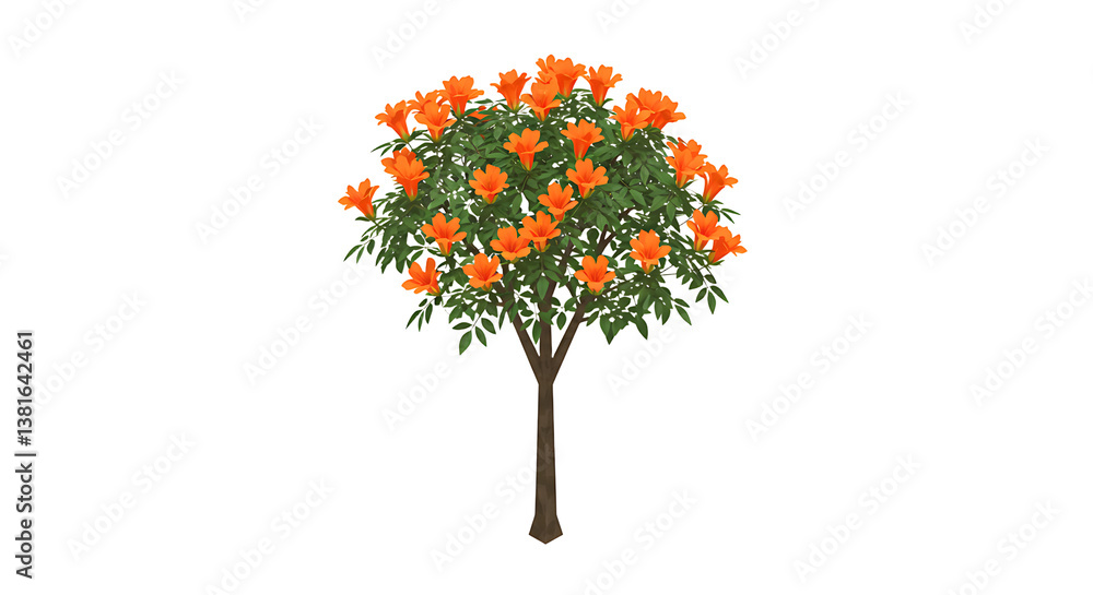 Fototapeta premium Trumpet vine tree with vibrant orange flowers against a white background