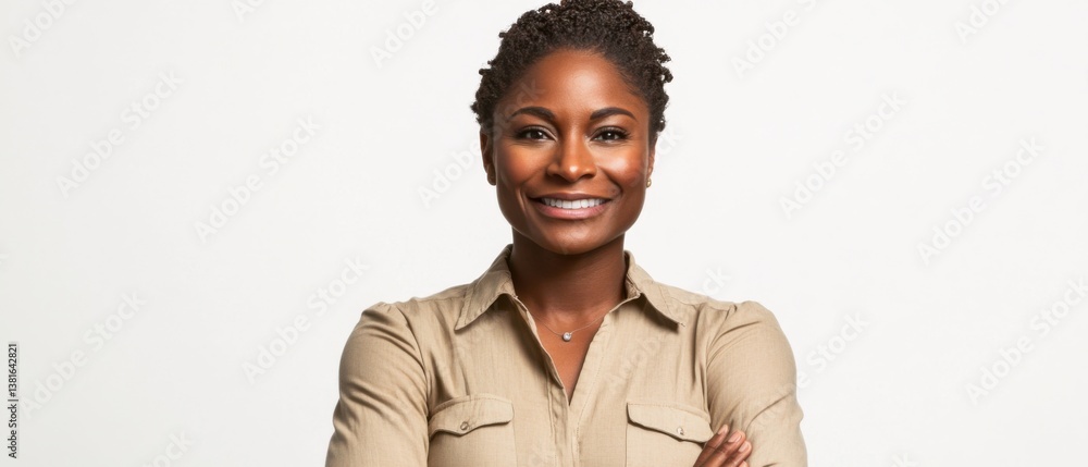 Obraz premium Confident African American woman smiling with arms crossed indoors Portrait of a happy, successful businesswoman in a tan shirt against a white background