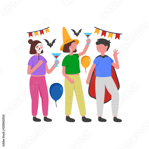 Spooky Costume Party with Tricks Flat Vector Illustration