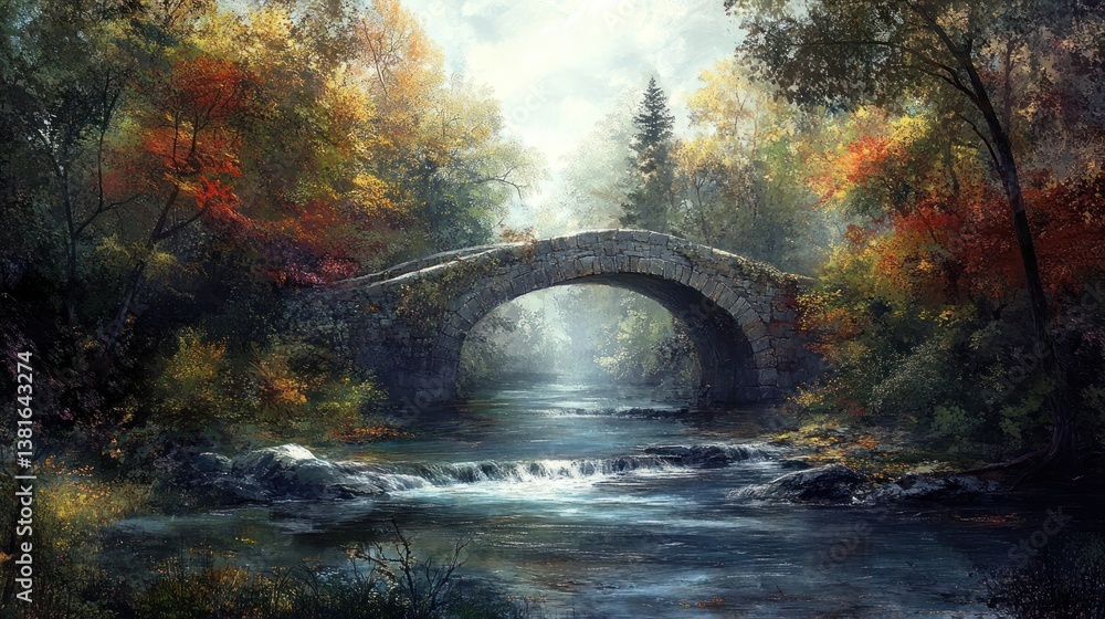 Autumnal tranquility: A serene river flows under an ancient stone arch bridge