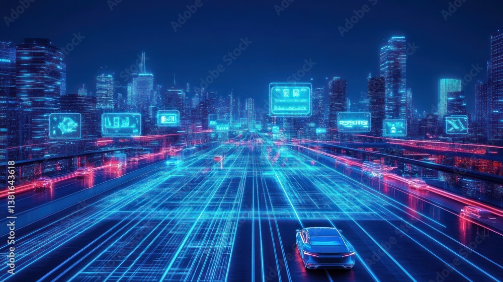 Vibrant futuristic cityscape with autonomous vehicles and glowing network connections
