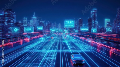 Obraz na płótnie Vibrant futuristic cityscape with autonomous vehicles and glowing network connections w salonie