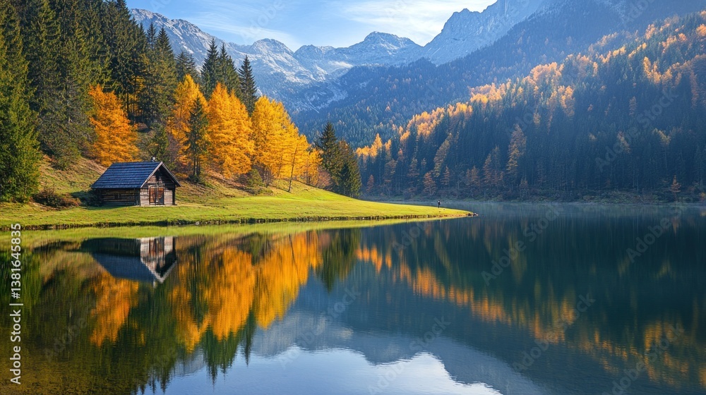 Serene alpine lake with reflective waters and rustic cabin in autumn season