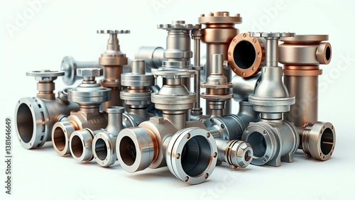 A clean, well-lit studio shot showcases a variety of industrial metal valves and pipe fittings, displaying precision engineering.
