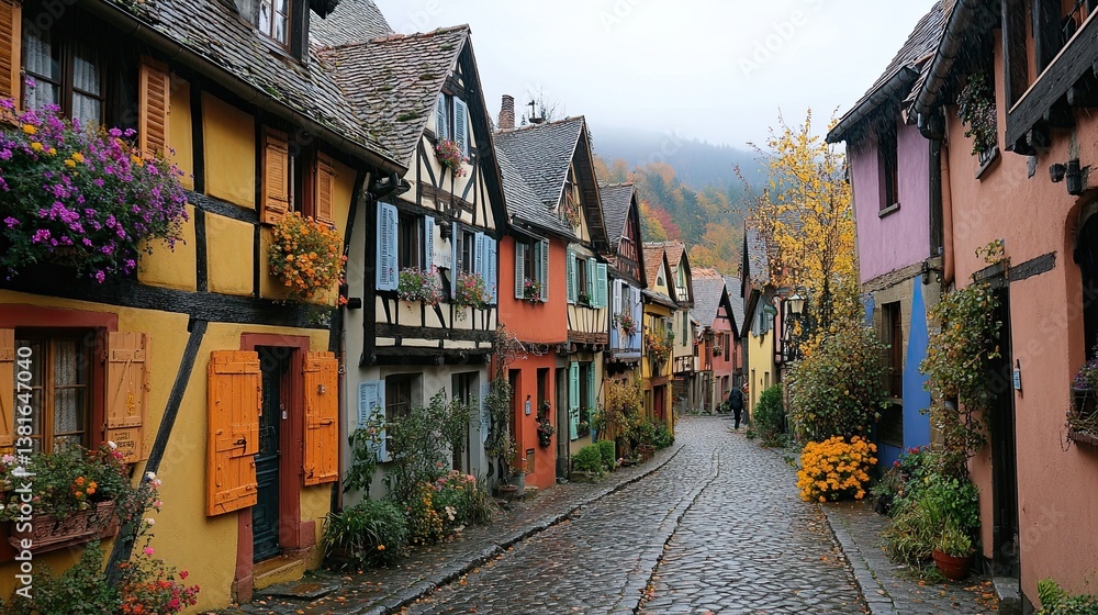 Rustic European Village with Colorful Buildings, Rustic European Village with Colorful Buildings,