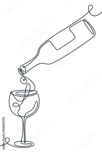 Vector hand drawn continuous line illustration of wine pouring from bottle into glass. Menu, label, packaging design