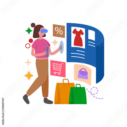 Experience Shopping in Virtual Reality Flat Vector Illustration