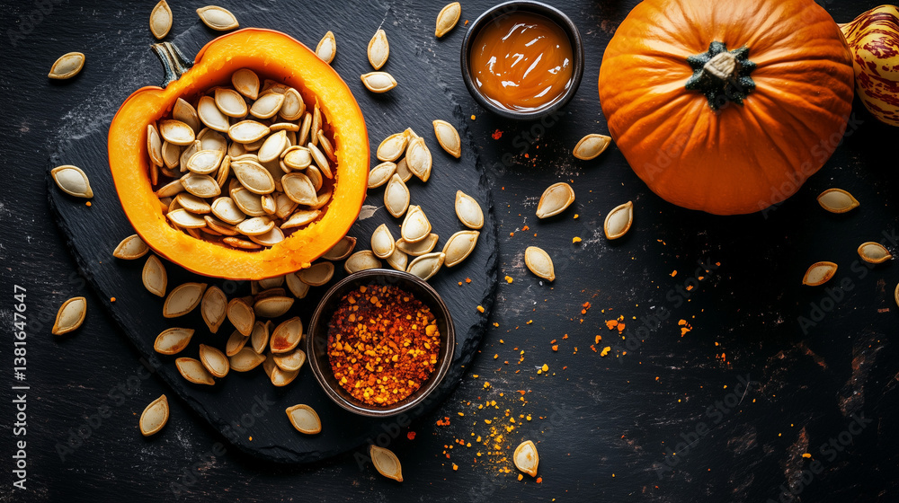 Pumpkin seeds and spices arranged on a dark surface Pumpkin seeds and spices arranged on a dark surface