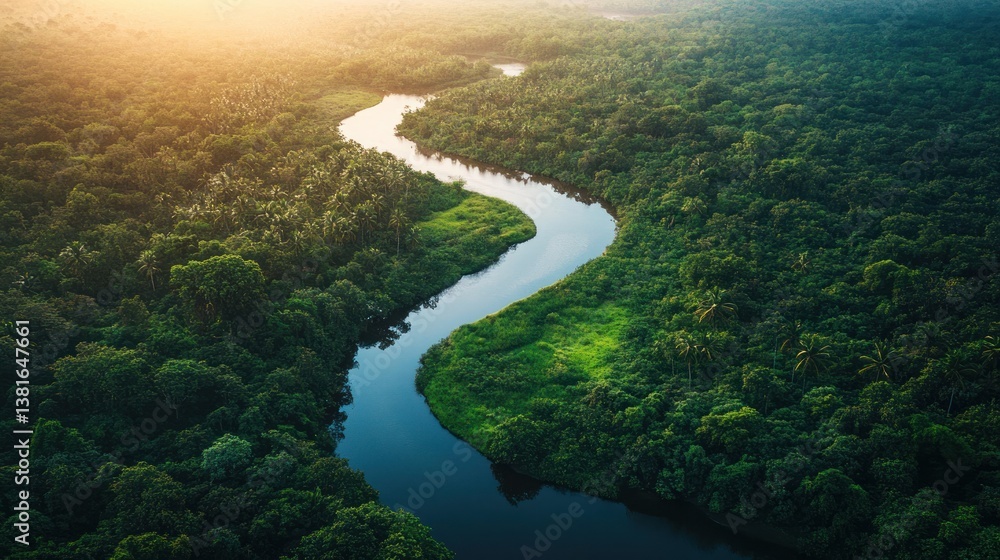 Serpentine river carving its way through a verdant jungle landscape seen from above