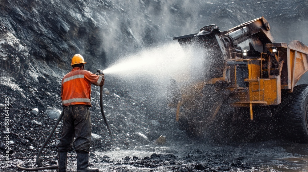 Worker utilizing a pressure hose cleaning heavy machinery at an industrial mine site