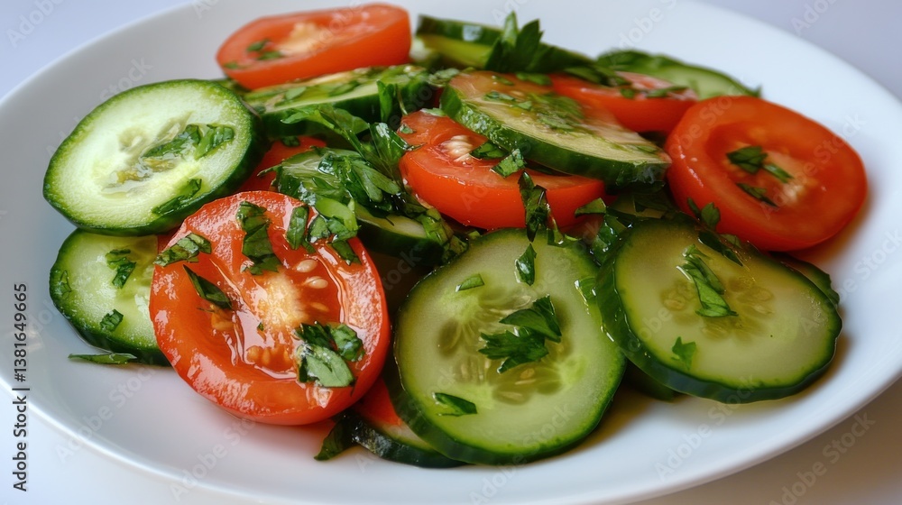 Fresh Tomato and Cucumber Salad with Herbs on a White Plate Healthy Eating Vegetarian Dish D Fresh Tomato and Cucumber Salad with Herbs on a White Plate Healthy Eating Vegetarian Dish D