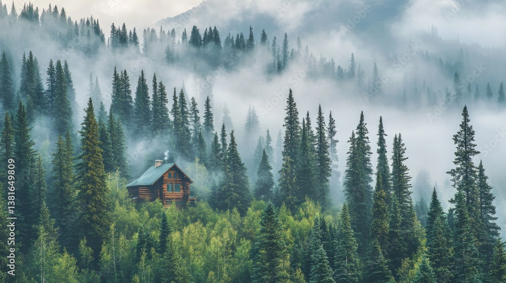 Idyllic mountain cabin nestled in a serene forest shrouded in mystic fog