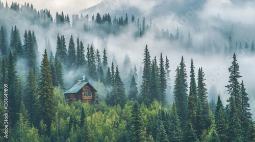 Obraz na płótnie Idyllic mountain cabin nestled in a serene forest shrouded in mystic fog w salonie