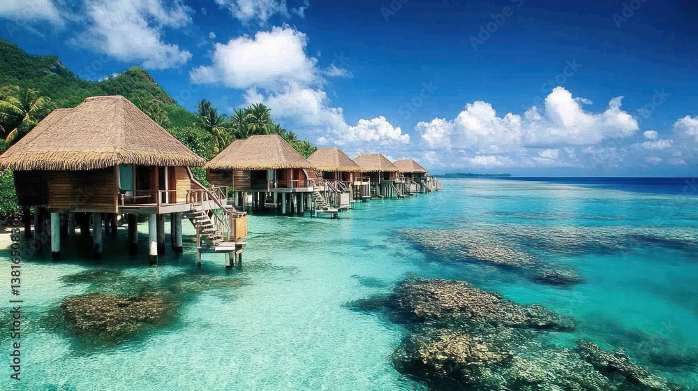 Seaside Serenity: Thatched Roof Villas Overlooking a Tropical Turquoise Ocean
