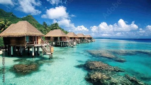 Obraz na płótnie Seaside Serenity: Thatched Roof Villas Overlooking a Tropical Turquoise Ocean w salonie