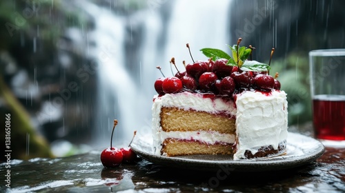 A delectable cherry cake adorned with fresh cherries sits invitingly beside a cascading waterfall, creating a vivid contrast of flavors and nature's stunning beauty.