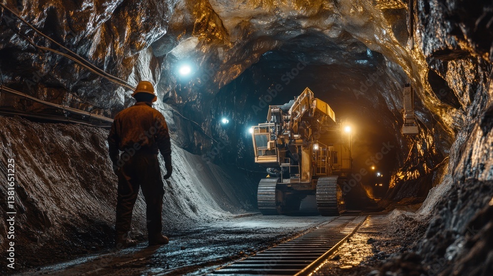 Underground mining operation with heavy machinery and a worker in a safety helmet