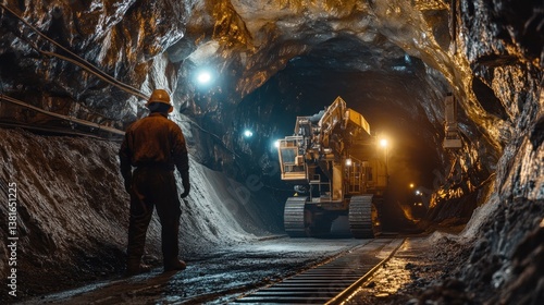 Obraz na płótnie Underground mining operation with heavy machinery and a worker in a safety helmet w salonie