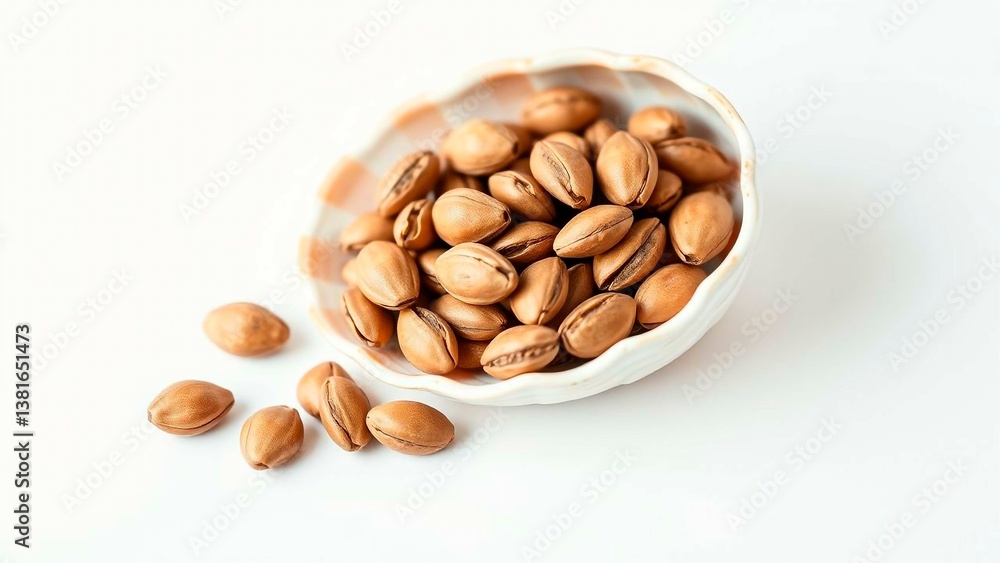 A bowl overflows with pili nuts, their smooth shells reflecting light against the pristine white backdrop. A healthful and delicious snack option. A bowl overflows with pili nuts, their smooth shells reflecting light against the pristine white backdrop. A healthful and delicious snack option.