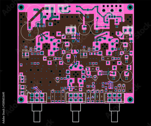 Vector printed circuit board of electronic device with components of radio elements, conductors and contact pads placed on pcb. Engineering technical educational drawing. Computer technic cad design.