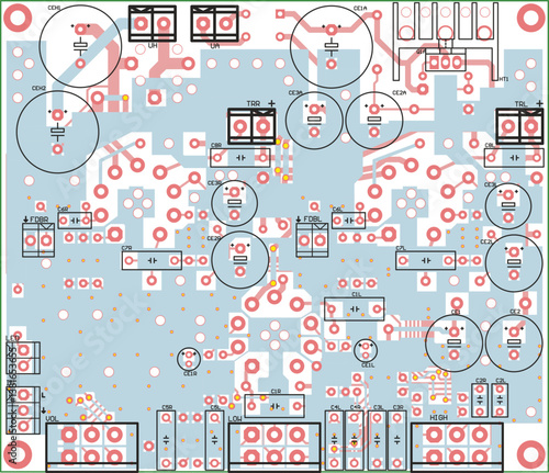 Vector printed circuit board of electronic device with components of radio elements, conductors and contact pads placed on pcb. Engineering technical educational drawing. Computer technic cad design.