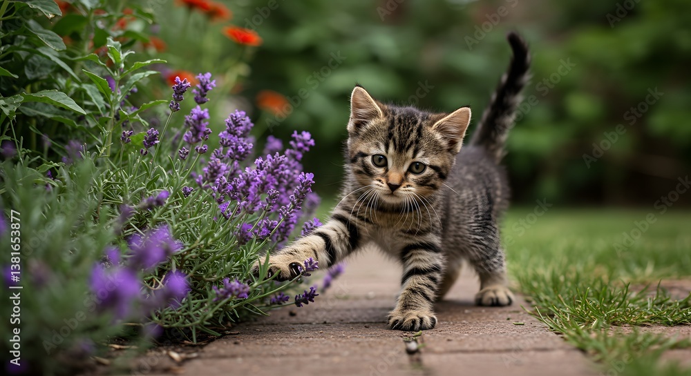 Naklejka premium Kitten Pawing at Lavender Flowers in Garden Adorable Pet Portrait