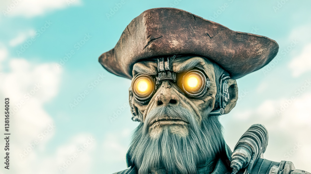 Fototapeta premium Gruff futuristic cyborg pirate wearing tricorn hat and goggles under cloudy sky