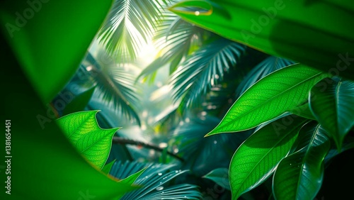 Lush green foliage creates a vibrant jungle scene, filled with light and shadow. A glimpse into a tropical paradise with nature's beauty.