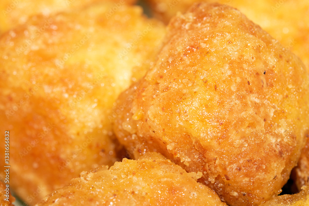 Close up of Square Cooked Crispy Fried Battered Tofu Soy Close up of Square Cooked Crispy Fried Battered Tofu Soy