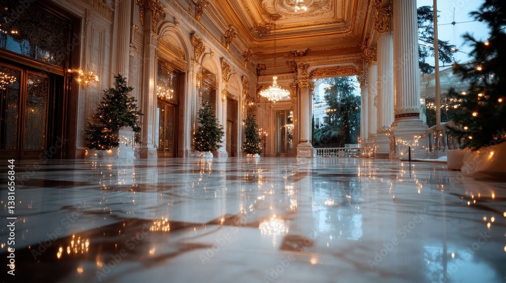 Fototapeta premium An exquisite grand hall boasting shimmering chandeliers and lush greenery, encapsulating a festive atmosphere that celebrates elegance and grandeur in architectural design.