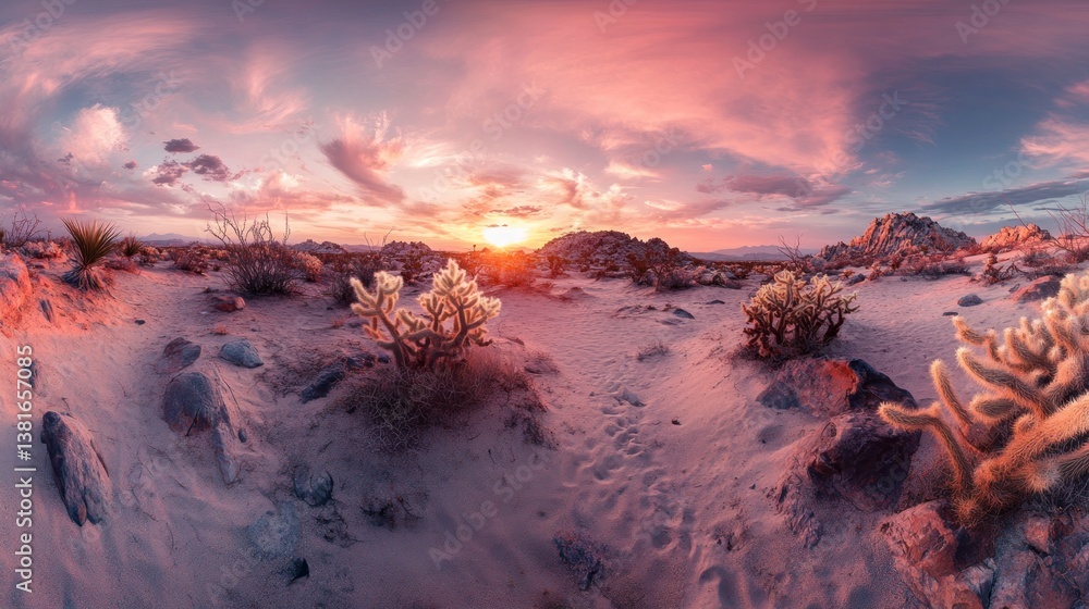 Panoramic vista of Joshua Tree National Park under a vibrant sunset spectacle