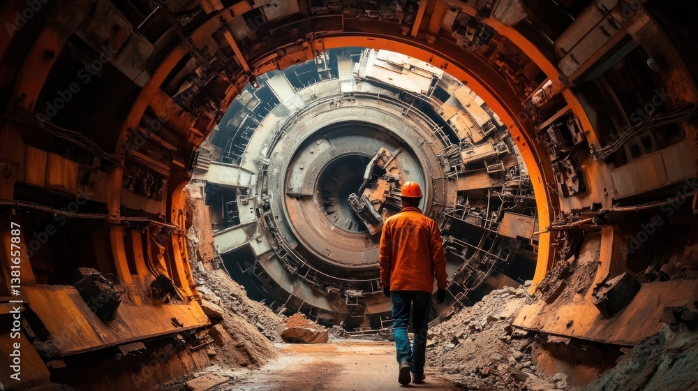 Worker inspects colossal ore-processing machinery, a testament to industrial power