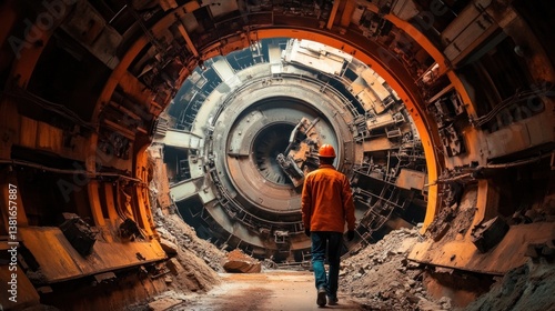Obraz na płótnie Worker inspects colossal ore-processing machinery, a testament to industrial power w salonie