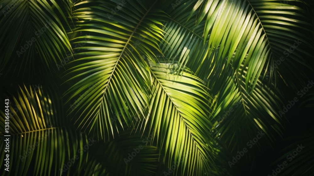Fototapeta premium Sunlit palm leaves creating a beautiful interplay of shadows and textures, tropical paradise vibes generative ai