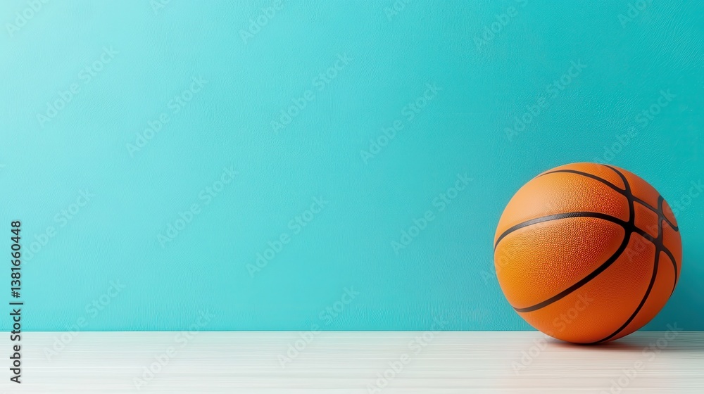 An official basketball rests on a smooth surface against a vibrant turquoise background, highlighting its detailed texture and vibrant color. An official basketball rests on a smooth surface against a vibrant turquoise background, highlighting its detailed texture and vibrant color.
